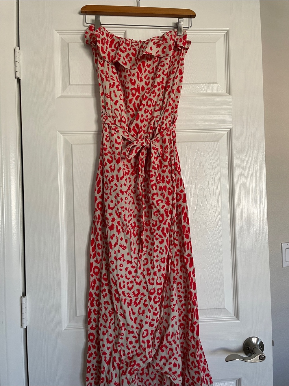 Lucy Love Strapless Cream Dress with Red Leopard Print